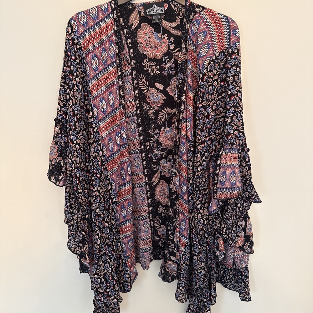 Angie‎ Blue Floral Kimono Robe Open Front Duster 1X Festival Beach Resort
